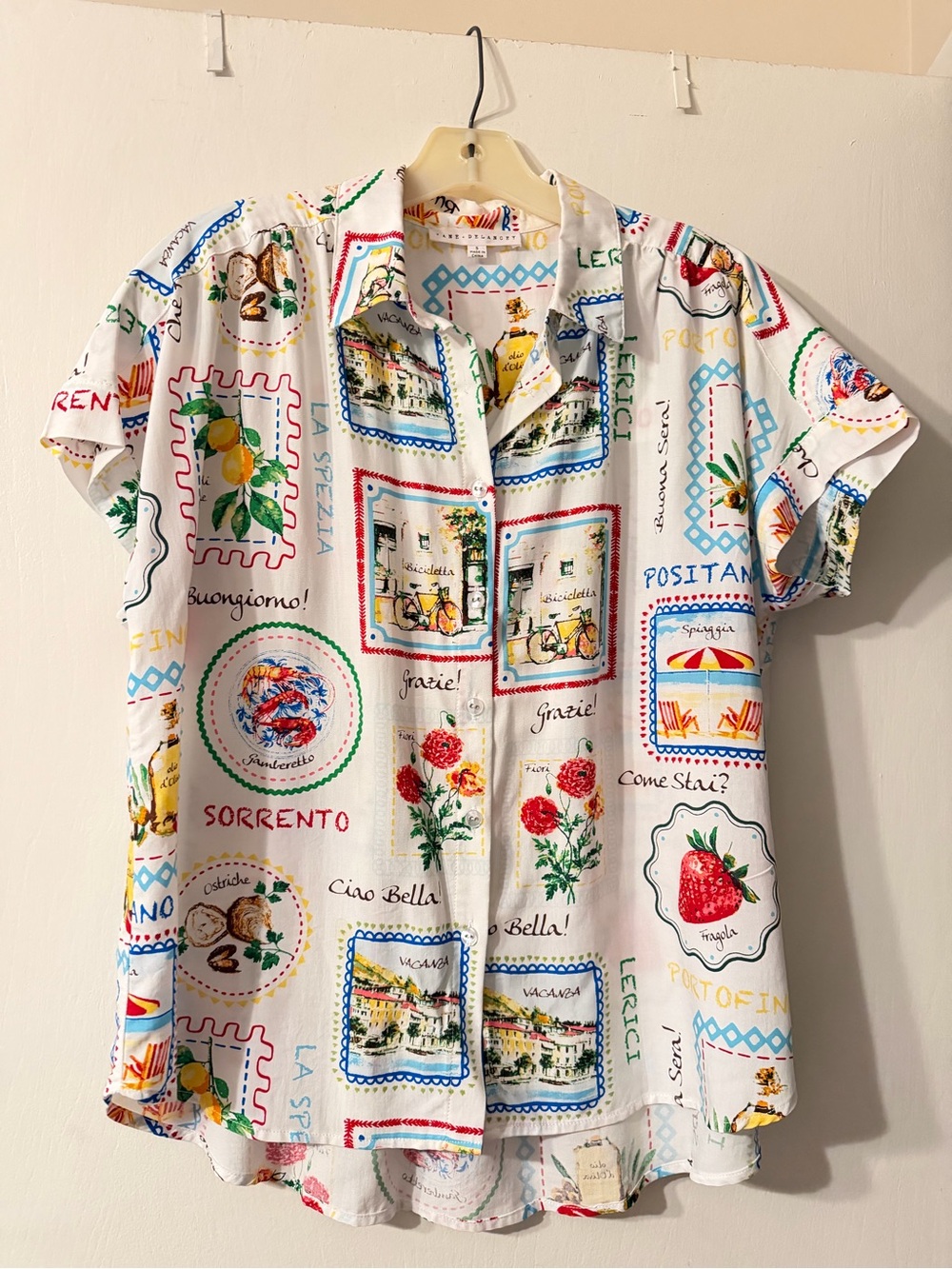 Jane + Delancey Italian Postcard Print Button-Up Shirt Multicolor Prints Sz S